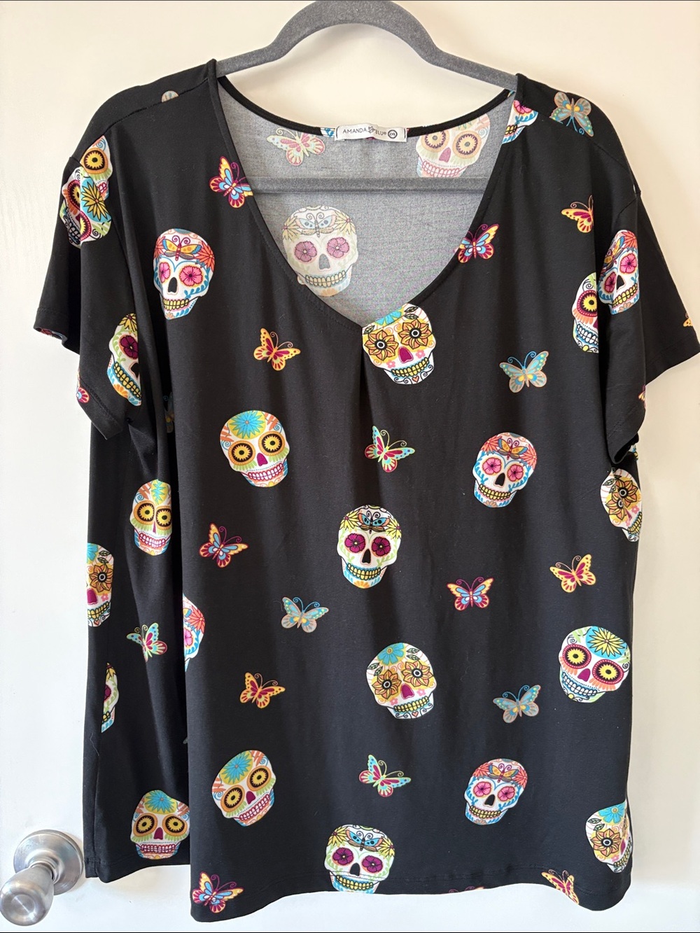 Amanda Blu Black Sugar Skull Butterfly V-Neck Top Day of the Dead 2XL Calaveras
